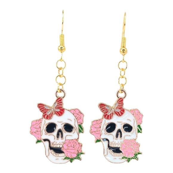 Pink Rose Skull Earrings with Butterfly 💀🌸🦋 - Picture 1 of 4